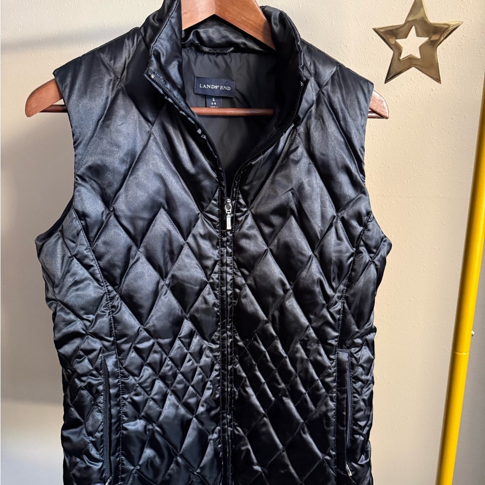Lands’ End Black Quilted Puffer Vest Lightweight Zip Front Small